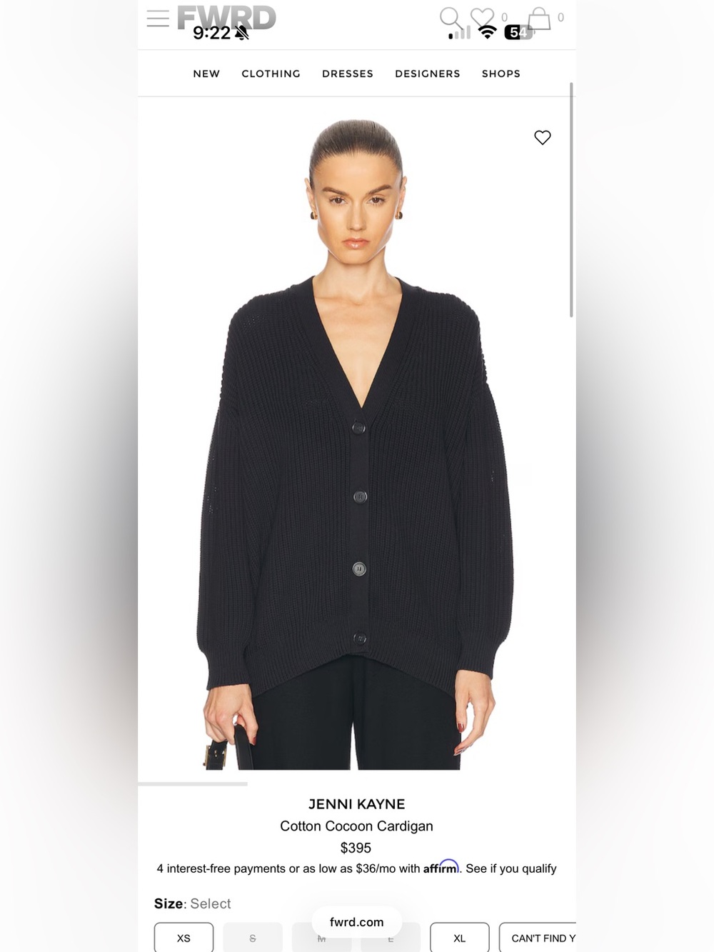 Jenni Kayne Black V-Neck Cotton Cocoon Cardigan Sweater, Sz XS
